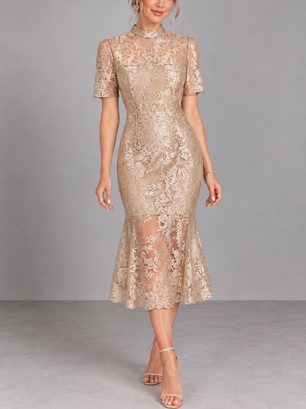 DAZY Floral Elegant Lace Midi Dress Mock Neck Champagne Gold Metallic Large